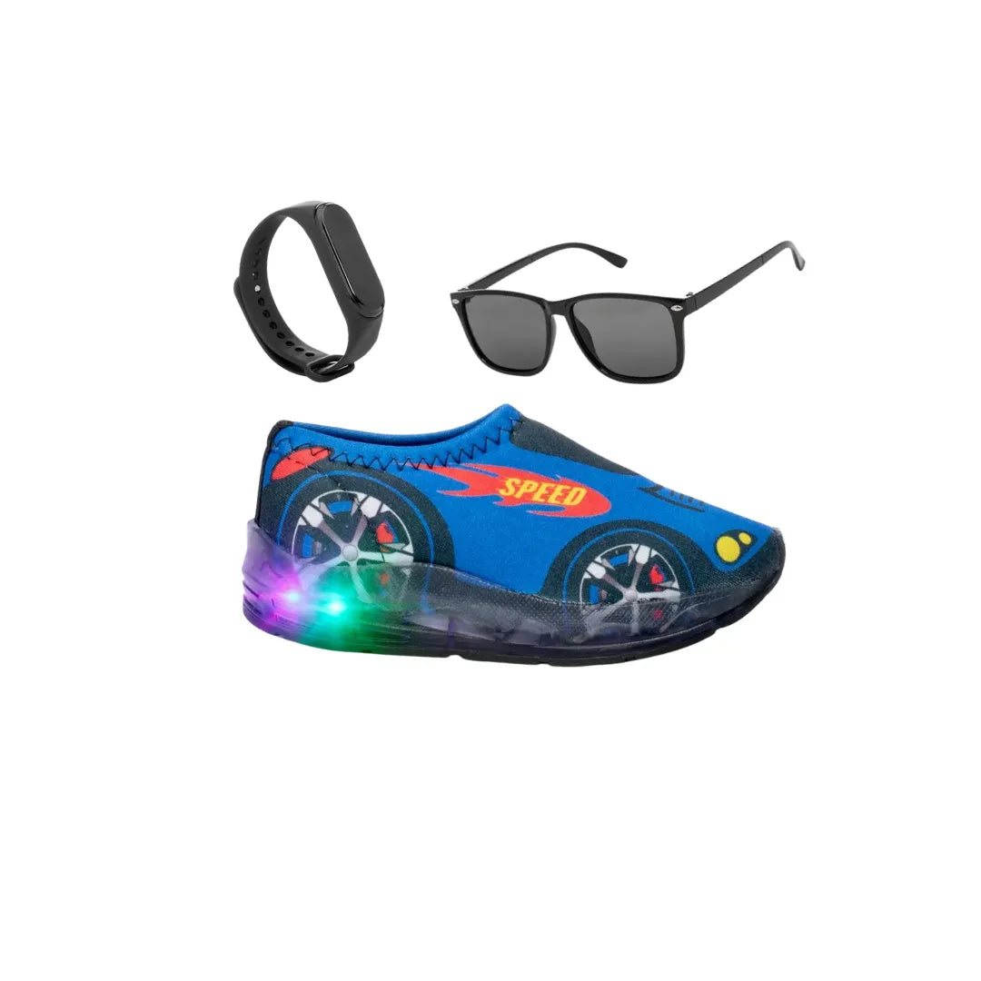 Tênis Masculino Infantil Com Led Carro + Óculos E Relógio Funfy